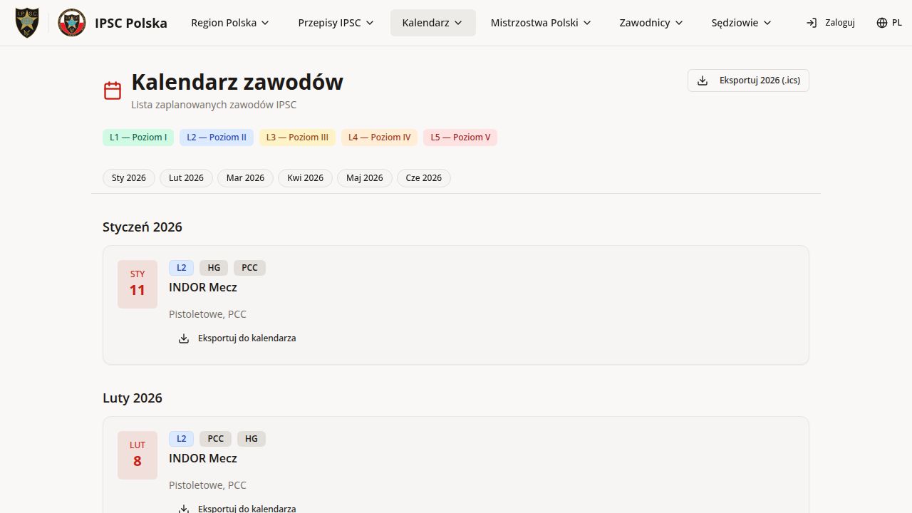 Kalendarz zawodów z filtrowaniem po poziomie (L1–L5)