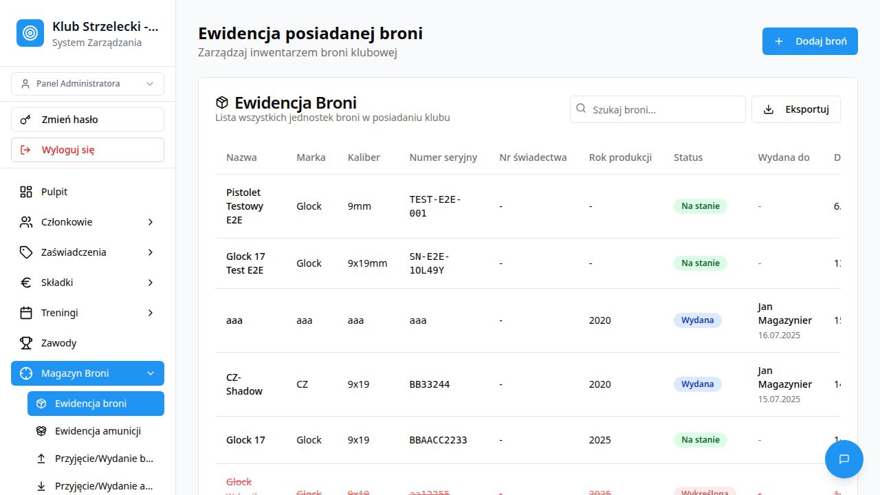 Magazyn broni — ewidencja z podpisami cyfrowymi i eksportem PDF